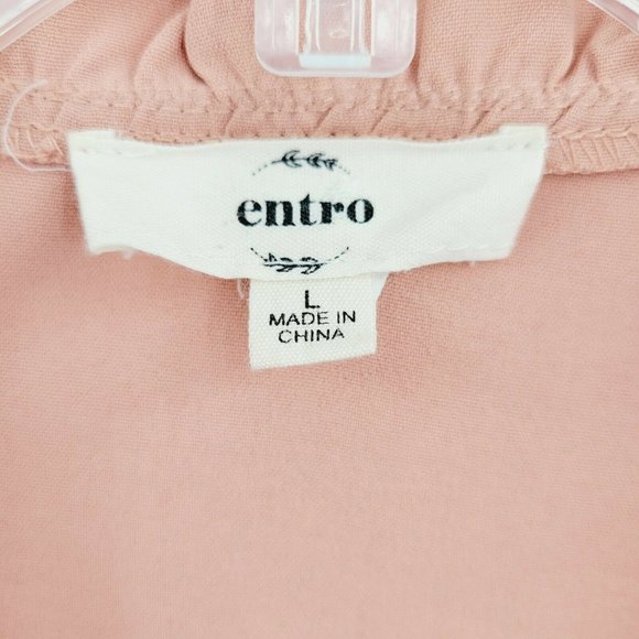 Entro Button-up Tiered Tunic Pink Size L Quarter Sleeve Solid Ruffle Split Neck - Picture 9 of 11